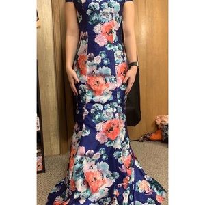 Mermaid blue-floral Prom Dress